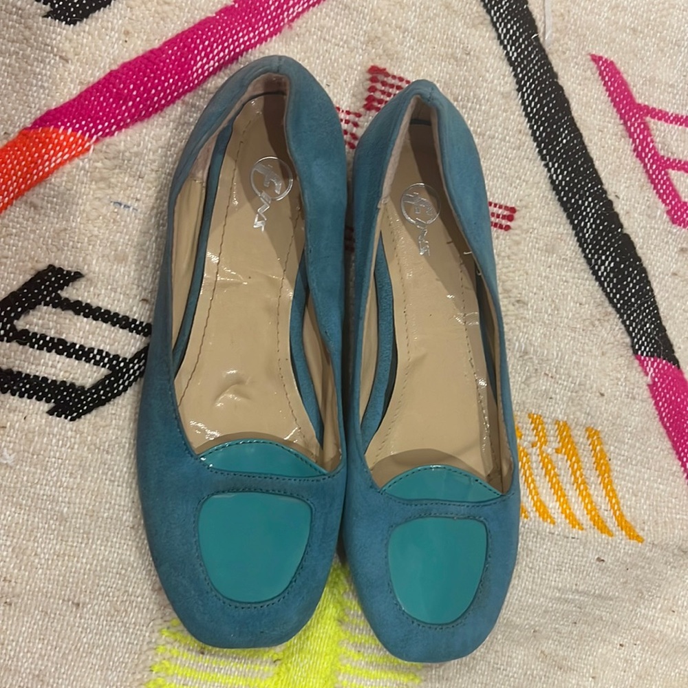 Turquoise faux suede loafers size 9